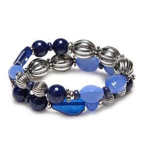 Silver-Tone Two Row Beaded Stretch Bracelets